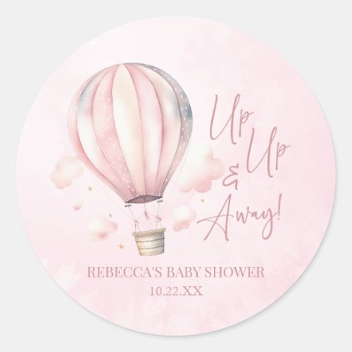 Up Up and Away Pink Hot Air Balloon Baby Shower Classic Round Sticker