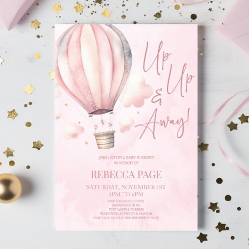 Up Up and Away Pink Hot Air Balloon Baby Shower Invitation