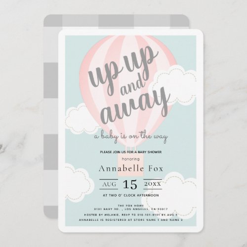 Up Up and Away Pink Hot Air Balloon Baby Shower Invitation
