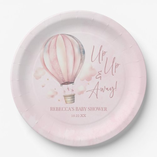 Up Up and Away Pink Hot Air Balloon Baby Shower Paper Plates