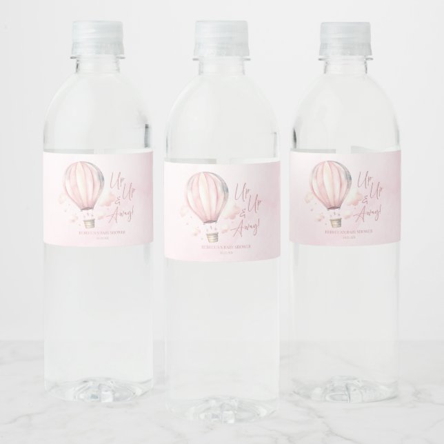 Up Up and Away! Pink Hot Air Balloon Baby Shower Water Bottle Label (Bottles)