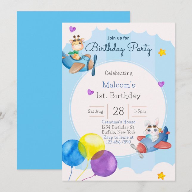Up Up And Away Plane 1st Birthday Party Invitation (Front/Back)