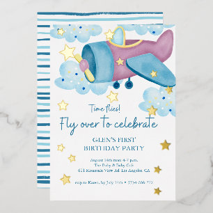 Up Up and Away Purple Airplane Birthday Boy  Foil Invitation