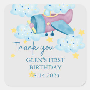 Up Up and Away Purple Airplane Thank you Square Sticker