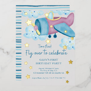 Up Up and Away Purple Grey Airplane Birthday Boy Foil Invitation