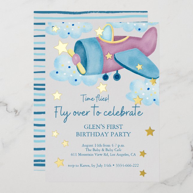 Up Up and Away Purple Grey Airplane Birthday Boy  Foil Invitation (Front/Back)