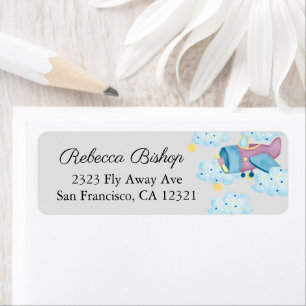 Up Up and Away Purple Grey Airplane Return Address Label