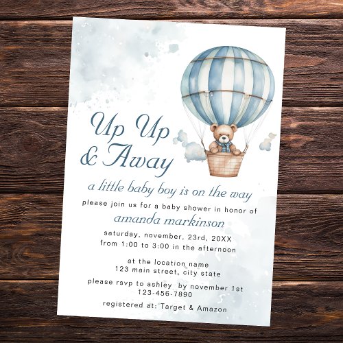 Up Up and Away Teddy Bear Balloon Baby Shower  Invitation