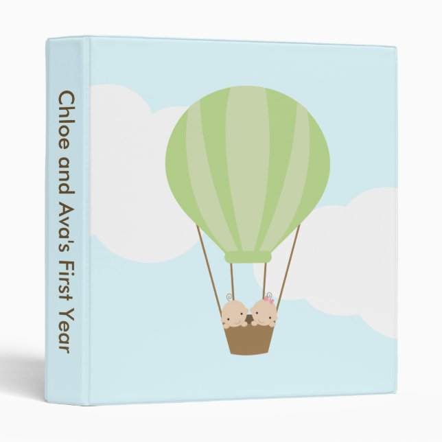 Up Up and Away! Twin Babies in Hot Air Balloon 3 Ring Binder (Front/Spine)