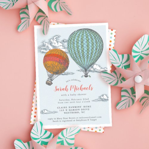 Up Up and Away Vintage Hot Air Balloon Baby Shower Invitation