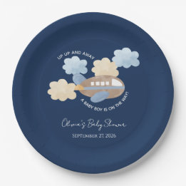 Up Up and Away Watercolor Airplane Boy Baby Shower Paper Plates