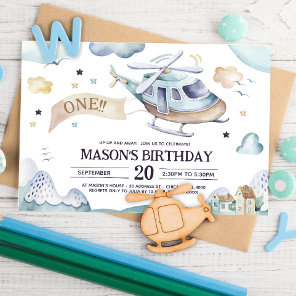 Up Up and Away Watercolor Helicopter Birthday Invitation