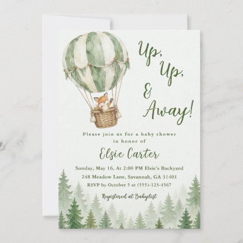 Up Up and Away Woodland Fox Balloon Baby Shower Invitation