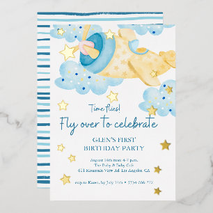 Up Up and Away Yellow Airplane Birthday Boy Foil Invitation