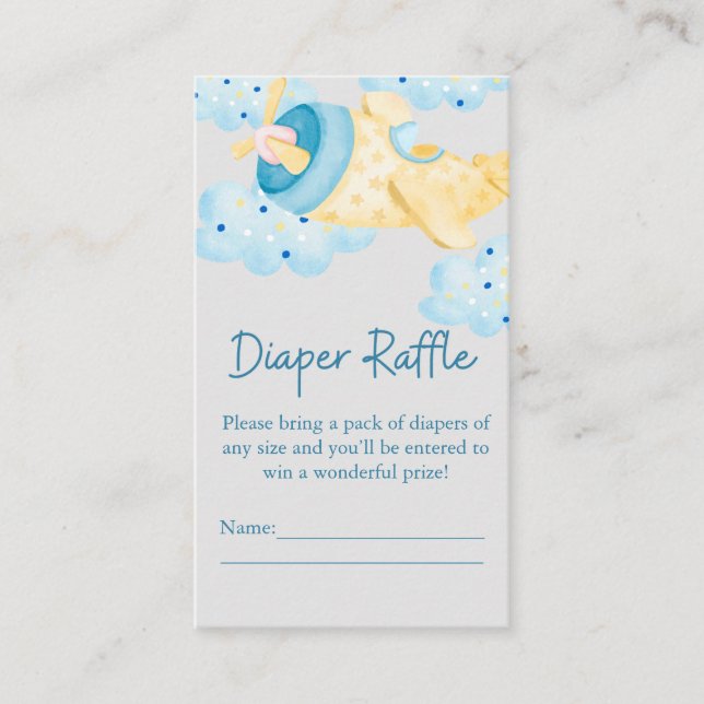 Up Up and Away Yellow Grey Airplane Diaper Raffle Enclosure Card (Front)