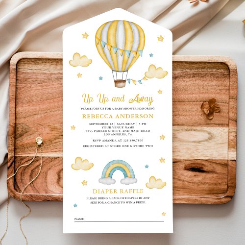 Up Up and Away Yellow Hot Air Balloon Baby Shower All In One Invitation