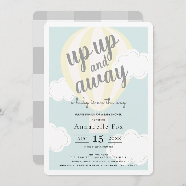Up Up and Away Yellow Hot Air Balloon Baby Shower Invitation (Front/Back)
