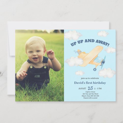 Up Up  Away 1st Boy Birthday Airplane Photo Invitation