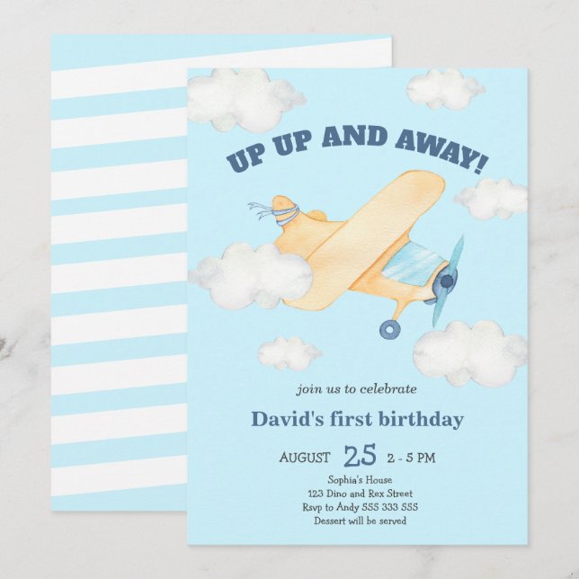 Up Up & Away 1st Boy Birthday Blue Invitation (Front/Back)