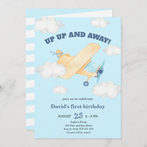 Up Up  Away 1st Boy Birthday Blue Invitation