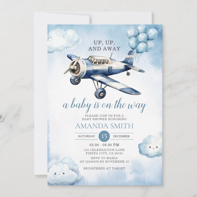 Up, Up, & Away Airplane Baby Shower Blue Balloon Invitation (Front)