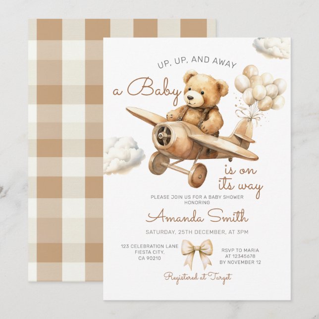 Up, Up, & Away Airplane Bear Baby Shower Gingham Invitation (Front/Back)