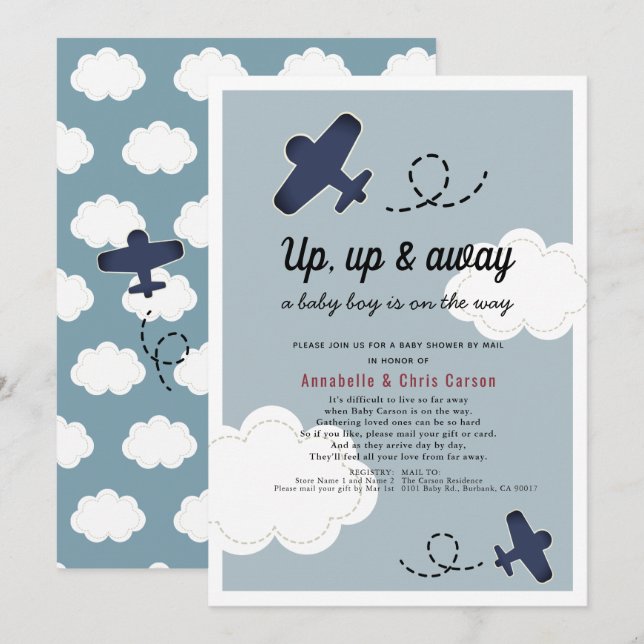Up Up & Away Airplane Blue Boy Baby Shower by Mail Invitation (Front/Back)