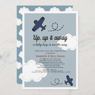 Up Up & Away Airplane Blue Boy Baby Shower by Mail Invitation