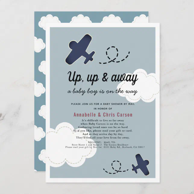 Up Up & Away Airplane Blue Boy Baby Shower by Mail Invitation | Zazzle