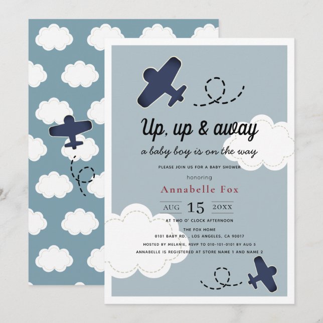 Up Up & Away Airplane Blue Boy Baby Shower Invitation (Front/Back)