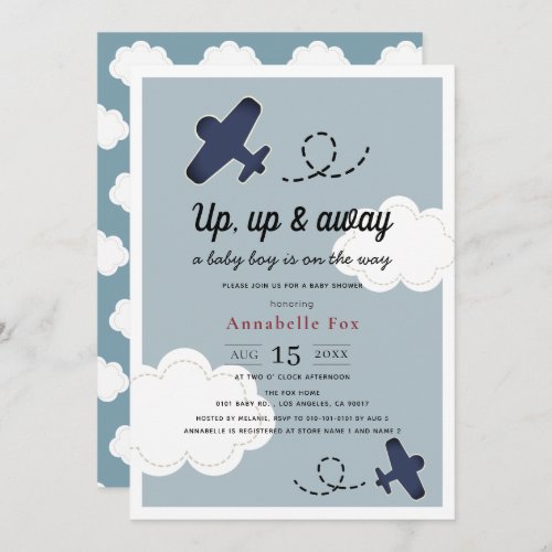 Up Up  Away Airplane Blue Boy Baby Shower Invitation