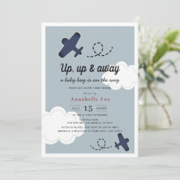 Up Up & Away Airplane Blue Boy Baby Shower Invitation | Zazzle