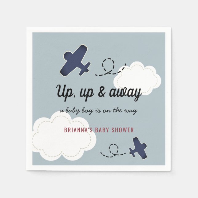 Up Up & Away Airplane Blue Boy Baby Shower Napkins (Front)