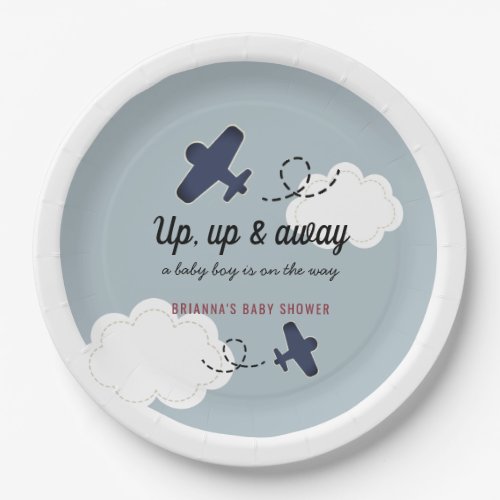 Up Up  Away Airplane Blue Boy Baby Shower Paper Plates