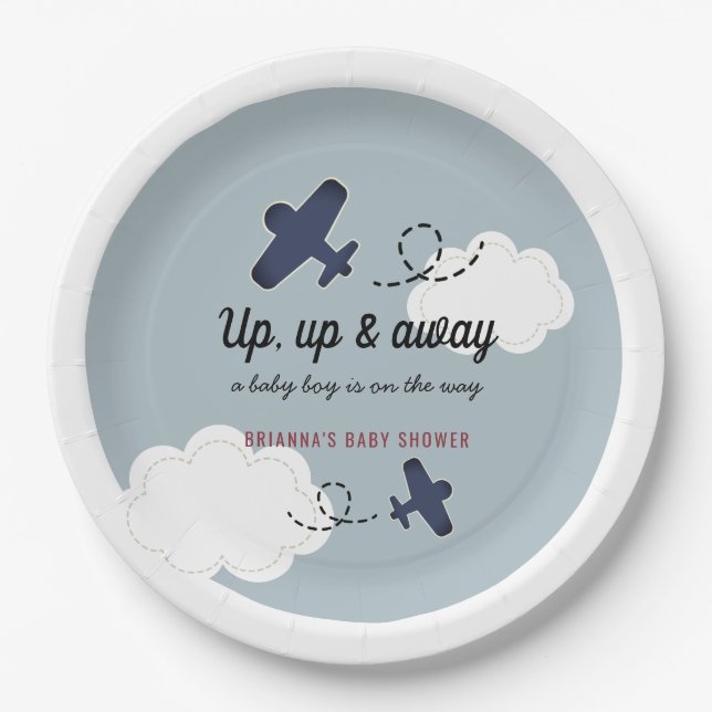 Up Up & Away Airplane Blue Boy Baby Shower Paper Plates (Front)