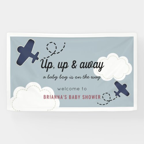 Up Up  Away Airplane Blue Boy Baby Shower Welcome Banner