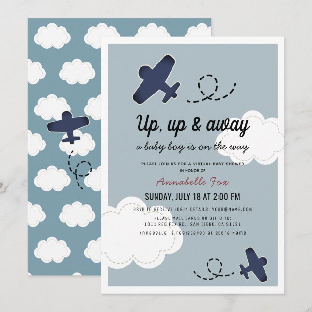 Up Up & Away Airplane Blue Boy Virtual Baby Shower Invitation (Front/Back)