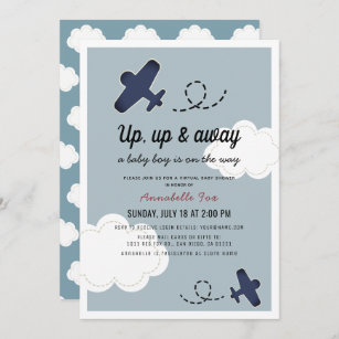 Up Up & Away Airplane Blue Boy Virtual Baby Shower Invitation