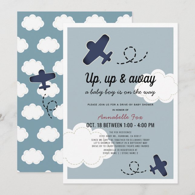 Up Up & Away Airplane Blue Drive-by Baby Shower Invitation (Front/Back)