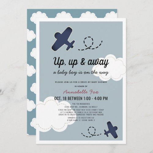 Up Up  Away Airplane Blue Drive_by Baby Shower Invitation