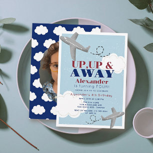 Up Up & Away Airplanes Blue Boy Photo Birthday Invitation