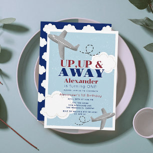 Up Up & Away Airplanes Cloud Blue Boy 1st Birthday Invitation