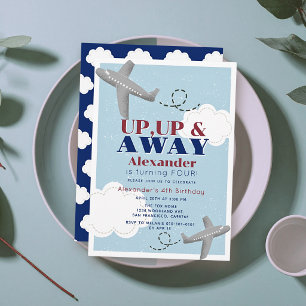 Up Up & Away Airplanes Clouds Blue Boy Birthday Invitation