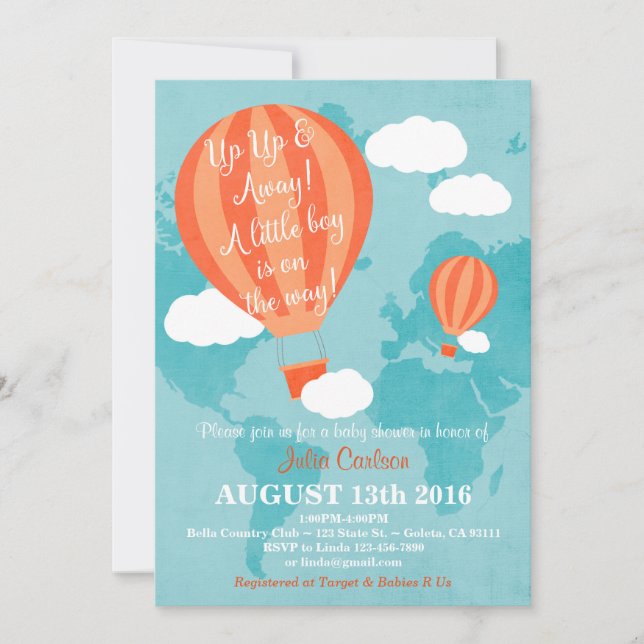 Up Up Away Baby Shower Invitation- Boy Invitation (Front)