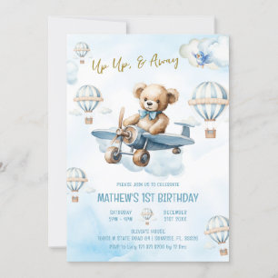 Up Up & Away Bear Hot Air Balloon Boy 1st Birthday Invitation