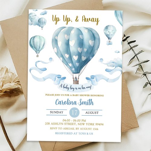 Up Up  Away Blue Hot Air Balloon Boy Baby Shower Invitation
