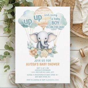 Up Up Away Elephant Hot Air Balloon Blue Boy Invitation