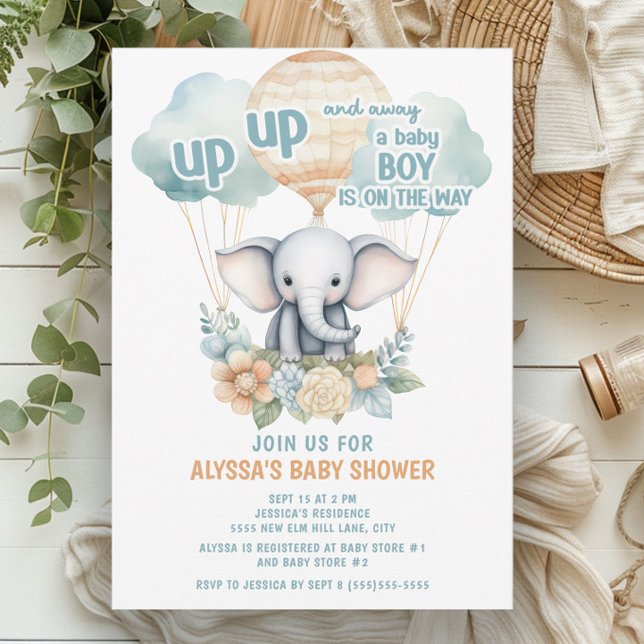 Up Up Away Elephant Hot Air Balloon Blue Boy Invitation (Up, up, and away. A baby boy is on his way. Elephant and hot air balloons baby shower invitation)