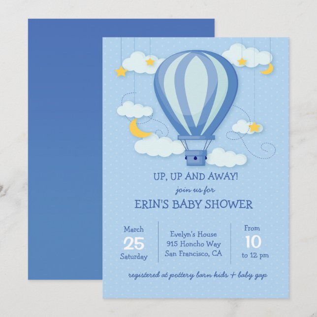 Up, Up Away Hot Air Balloon Baby Shower Invitation (Front/Back)