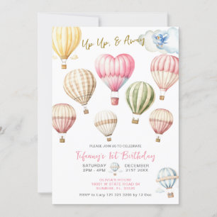 Up Up & Away Hot Air Balloons Girl 1st Birthday Invitation